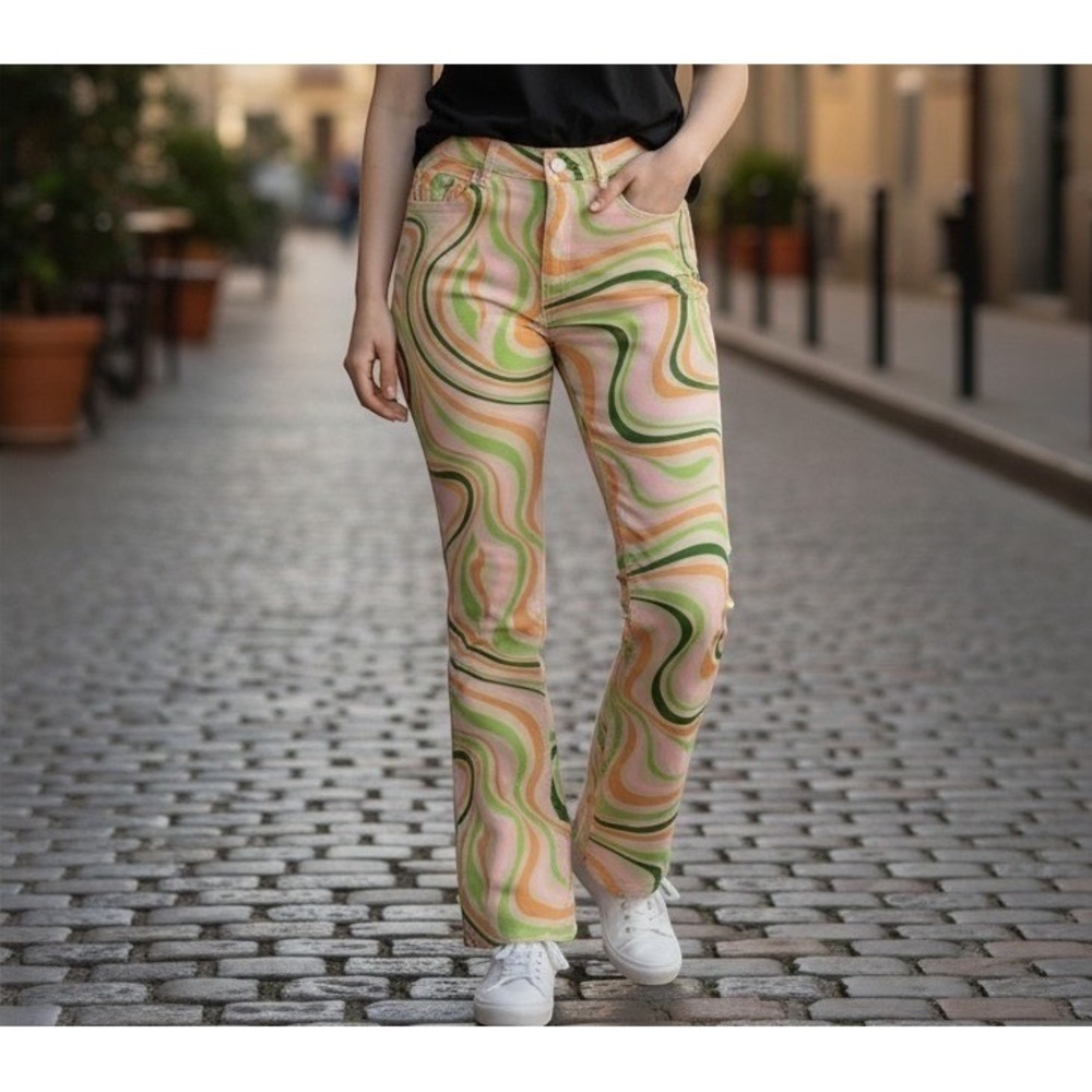 Easel Flare Pants Womens M Green Orange Swirl Psychedelic Retro EB41161